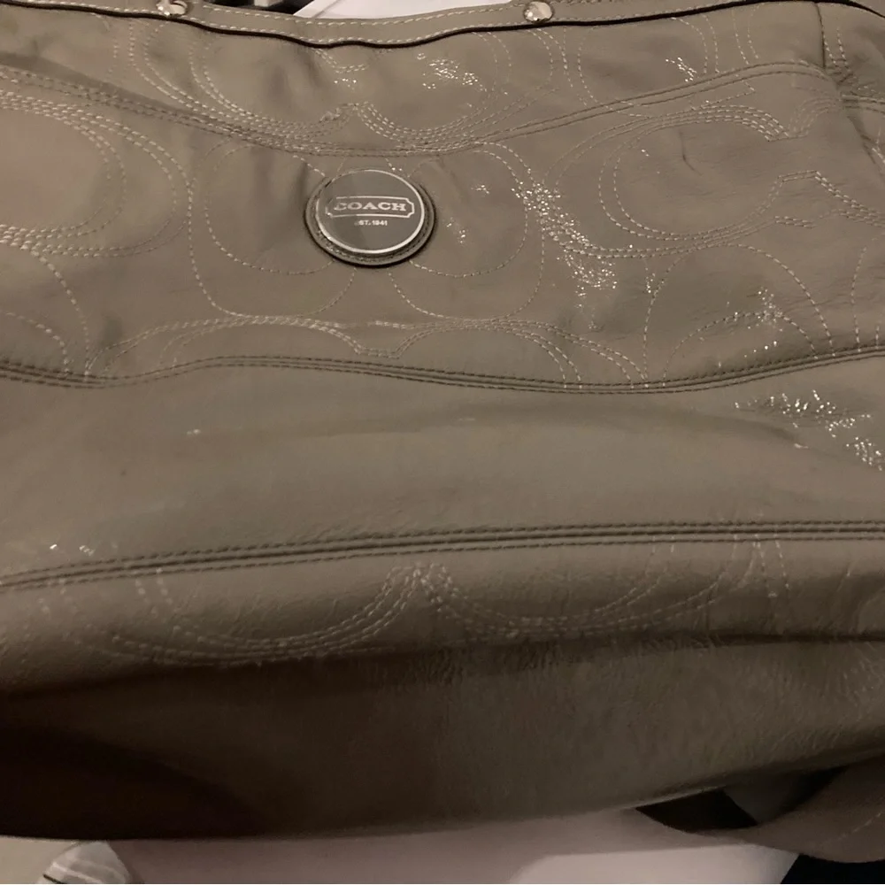 coach baby diaper bag tote pewter grey leather navy blue fabric lined interior